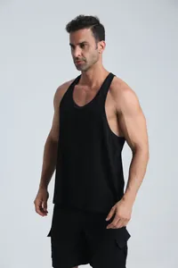 Detail view of men's black athletic racerback tank top for gym and basketball