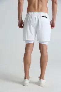 Back view of white men's athletic double-layer shorts with quick-dry inner liner.
