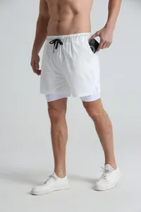 White 2-in-1 athletic shorts for men with a hidden phone pocket and inner lining