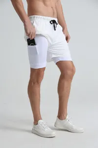Detail view of men's quick-dry 2-in-1 sports shorts showing inner liner phone pocket