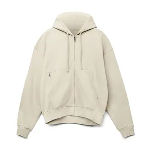 Detailed front view of men's oversized beige zip-up hooded sweatshirt