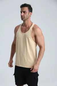 Side view detail of a men's breathable beige sports racerback tank top