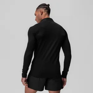 Back view of men's black compression long sleeve athletic top for gym and running