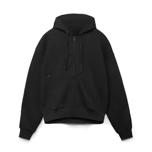 Detailed view of a solid black men's zip-up hoodie with hood and front pockets