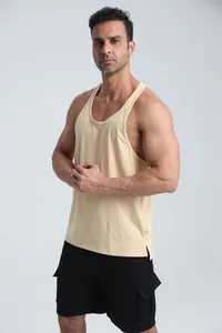 Macro view of men's beige breathable racerback sports tank top for fitness training