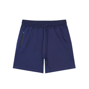 Navy blue men's breathable cotton athletic shorts with functional drawstring waist.