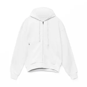 Detailed front view of a white men's full-zip hooded sweatshirt with ribbed sleeve cuffs