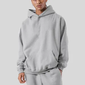 Oversized grauer 400G schwerer Fleece-Kapuzenpullover für Herren im minimalistischen Stil