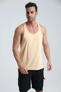 Detail view of a light yellow men's athletic tank top suitable for gym, outdoor and sports wear