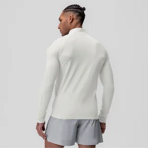 Detailed back view of men's white quick-dry compression long sleeve half-zip workout top