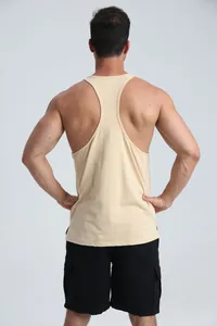 Back view of a men's tan Y-back stringer tank top for bodybuilding, gym and fitness.