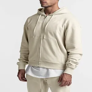 Men's minimalist cream hooded zip-up sweatshirt, solid color American style casual sportswear