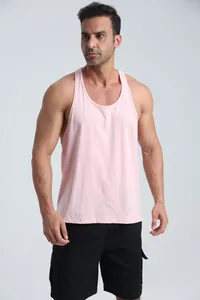 Detail view of men's pink breathable sports tank top for fitness and gym workouts
