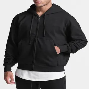 Mens casual solid black zip-up hooded sweatshirt sports jacket shown on model profile
