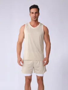 Full view of men's beige breathable mesh sports set with tank top and double-layer shorts
