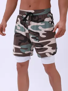 Pantalones cortos deportivos 2 en 1 de camuflaje para hombre con forro