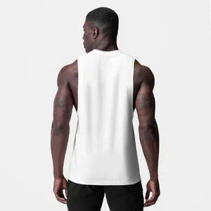 Back view of a white men's cotton fitness tank top with wide armholes for sports training
