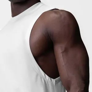 Detailed macro view showing the wide armhole and shoulder fit of white athletic gym vest