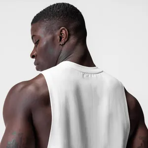 Back view of a white muscle tank top on a male model showing fabric texture and fit