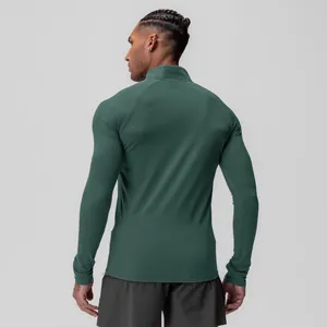 Back view of professional men's dark green compression long sleeve top for fitness