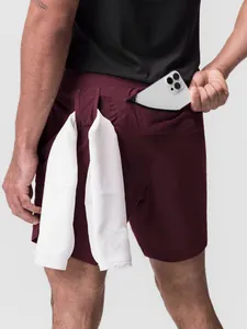 Pantalones cortos deporte hombre granate secado rápido con bolsillo cremallera y toallero