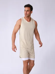Men's mesh sports set featuring a sleeveless tank top and double-layer shorts