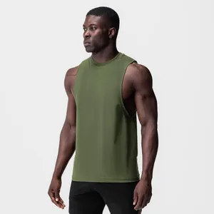 Side view of olive green men's muscle tank top showing wide armhole and athletic fit