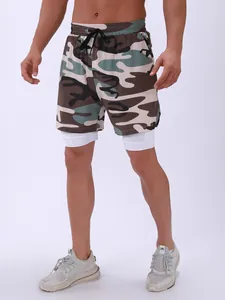 Pantalones cortos deportivos 2 en 1 de camuflaje para hombre con forro blanco y cordón