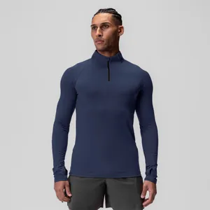 Men's navy blue long sleeve compression top for gym and professional running fitness training