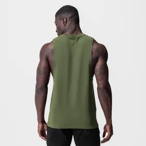 Professional back view of a men's olive green sports tank top featuring wide armholes