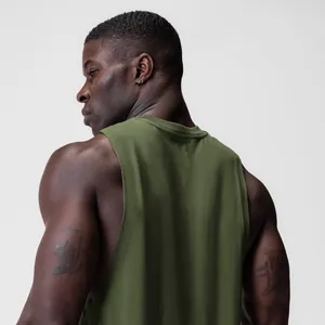 Close-up back view of men's olive green sports fitness tank top with wide armholes