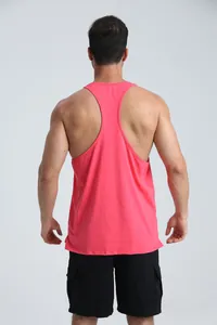 Detailed back view of men's breathable coral pink stringer gym tank top for fitness