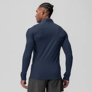 Detailed back view of a men's navy blue half-zip quick-dry athletic compression shirt