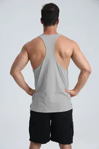 Rear view of a men's gray Y-back stringer tank top for fitness and gym workouts