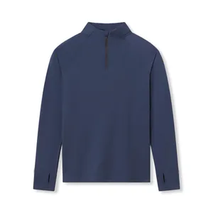 Men's navy half-zip athletic long sleeve shirt with thumbholes for fitness workout
