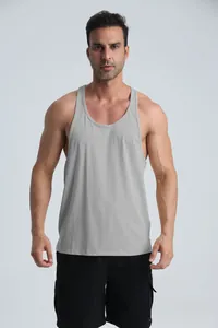 Full front view of a men's grey breathable athletic tank top for fitness and gym