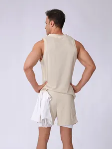 Back view of men's breathable beige mesh tank top and athletic double-layer shorts set