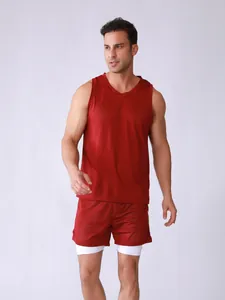 Full view of men's breathable red mesh jersey and double-layer shorts athletic set