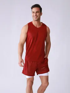 Men's two-piece sports set featuring a red mesh tank top and double-layered shorts for gym