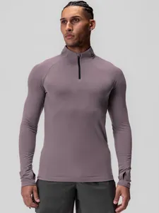 Men's Quick Dry Compression Sports T-Shirt Half-Zip Stand Collar Long Sleeve High Elastic Fitness Workout Top With Thumb Holes