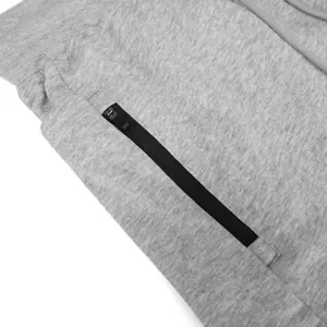 Detailed close-up showing the black zipper pocket on these grey heather athletic shorts