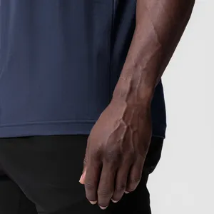 Detail of men's dark blue ice-feel tank top showing wide armhole and cotton texture.