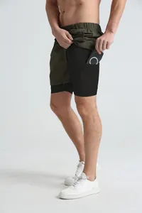 Close-up of men's double-layer sports shorts featuring a functional inner pocket