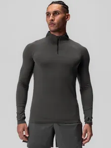 Professional men's dark grey half-zip long sleeve compression shirt for fitness and sports