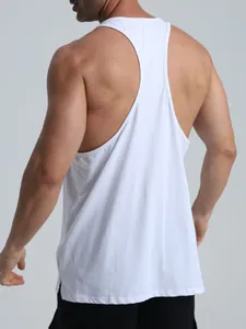 White Y-back men's fitness tank top shown from the back for athletic gym workouts