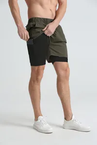 Detail view of men's quick-dry double-layer athletic shorts with hidden phone pocket