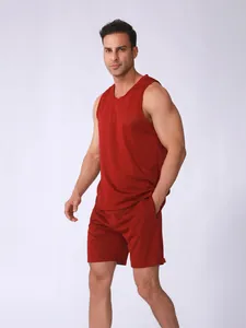 Ensemble de sport rouge pour homme, débardeur et short en maille à séchage rapide