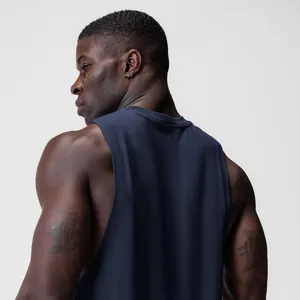 Men's navy blue athletic muscle tank top with wide armholes and back view detail