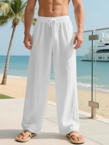 Men's Casual Cotton Drawstring Pants Loose Breathable Straight Leg Trousers For Summer Beach Vacation Daily Wear