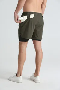 Rear view of mens olive double-layered shorts showing towel loop detail